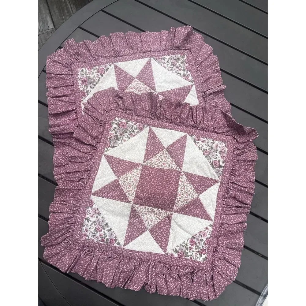 Pair 14x14” Quilt Throw Pillow Covers Shams Pink White Quilted Star Hook & Loop